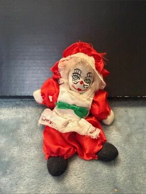 Red Clown Plush Doll with Green Bow Accent - Kids Toy